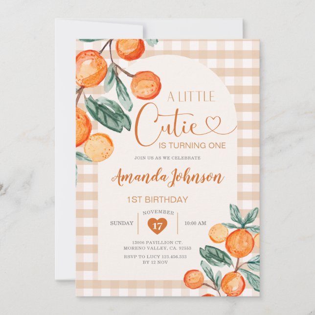 Gingham cutie is turning One Orange Birthday Invitation (Front)