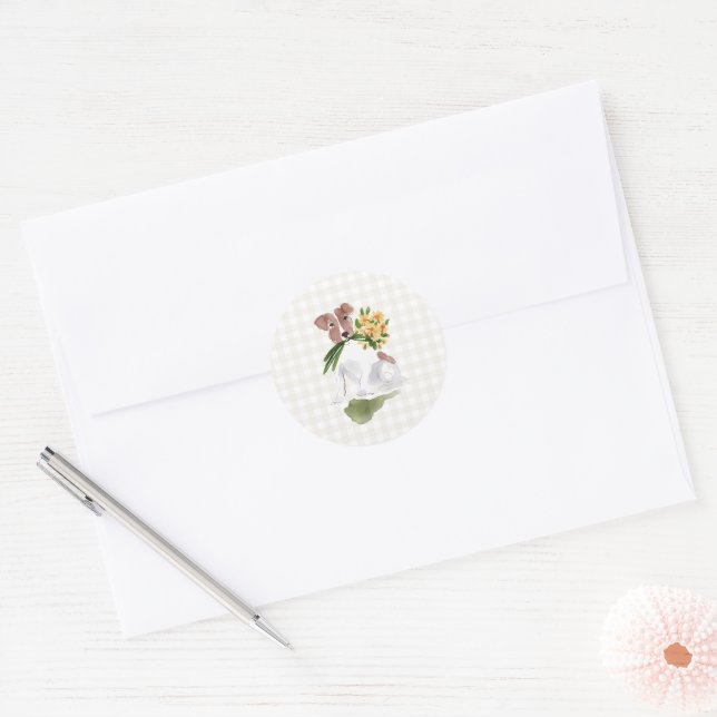 Gingham Dog Flowers Watercolor Art Sweet Classic Round Sticker (Envelope)