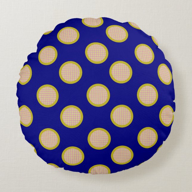 Gingham Dots, Blue Round Pillow (Front)