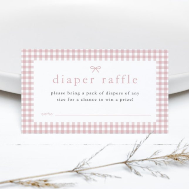 Gingham Dusty Pink Girls Baby Shower Diaper Raffle Enclosure Card (Dusty pink bow gingham girls baby shower diaper raffle enclosure cards.)