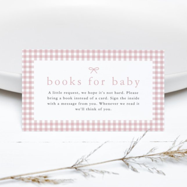 Gingham Dusty Pink Girls Books for Baby Shower Enclosure Card (Dusty pink bow gingham girls books for baby shower  enclosure cards.)