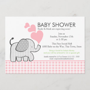 Gingham Elephant Pink Baby Shower Invitation