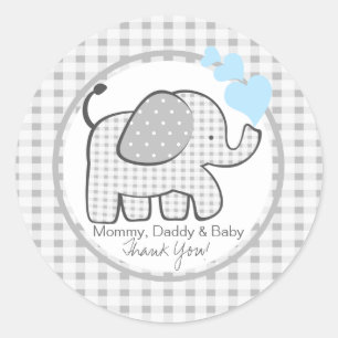 Gingham Elephant with Blue Hearts Classic Round Sticker