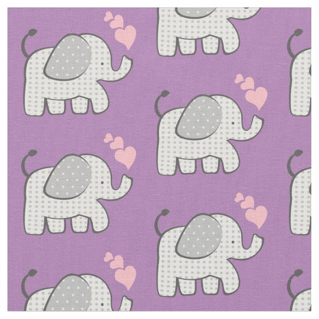 Gingham Elephants and Pink Hearts Fabric (Close Up)