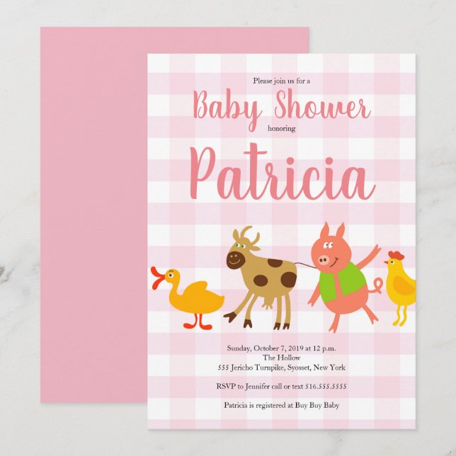 Gingham Farm Animal Baby Girl Shower Invitation (Front/Back)