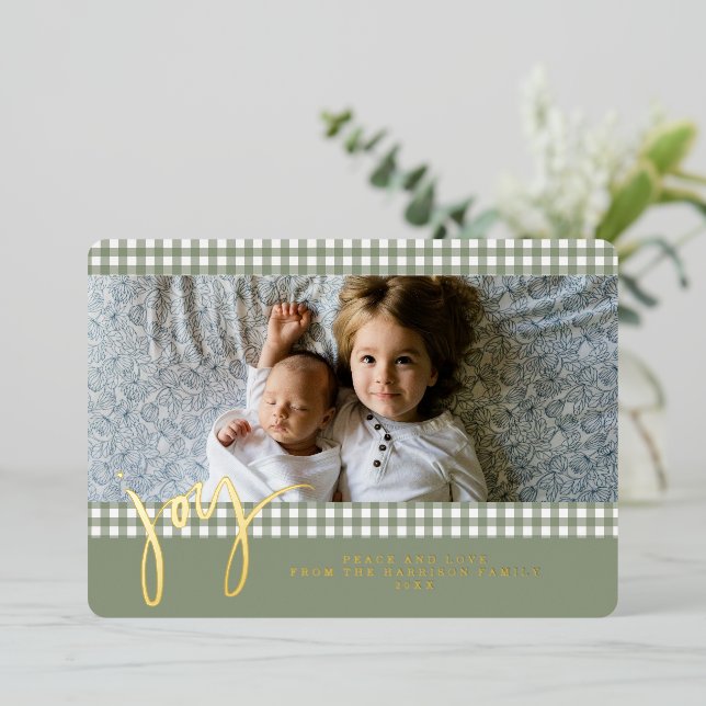 Gingham Farmhouse Green Christmas Family Photo (Standing Front)