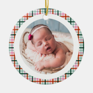 Gingham First Christmas Birth Stats Baby Photo Ceramic Tree Decoration