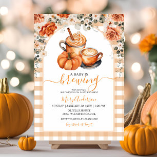 Gingham Floral A Baby Is Brewing Pumpkin Spice Invitation