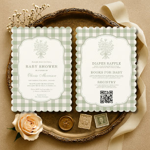 Gingham Floral Bow All in One Baby Shower Invitation