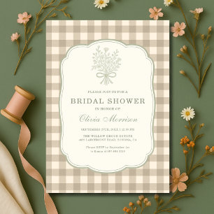 Gingham Floral Bow Beige Ivory Bridal Shower Invitation