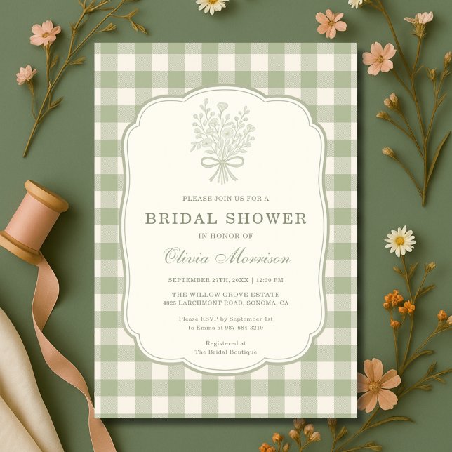 Gingham Floral Bow Sage Green Bridal Shower Invitation (Creator Uploaded)