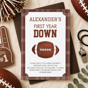 Gingham Football 1st Birthday Party Invitation