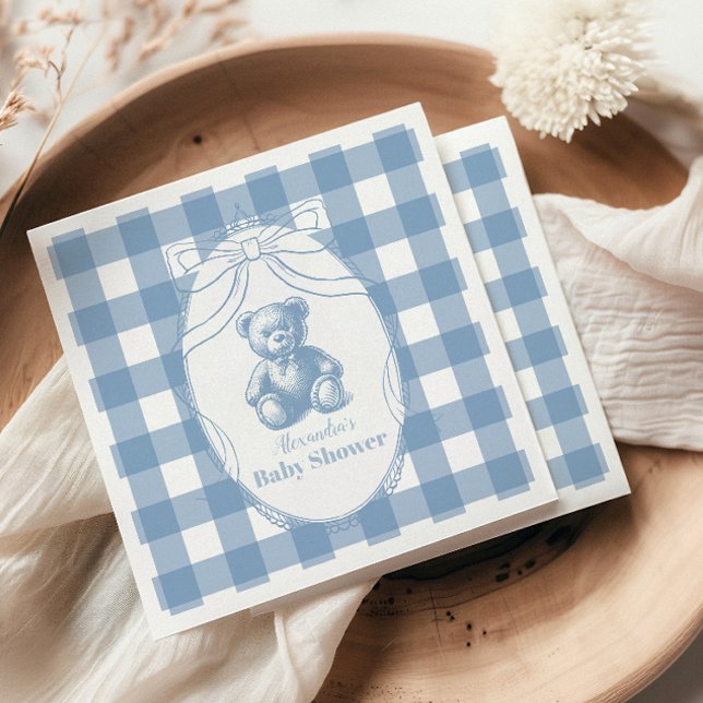 Gingham French Teddy Bear Baby Shower Napkin (Creator Uploaded)