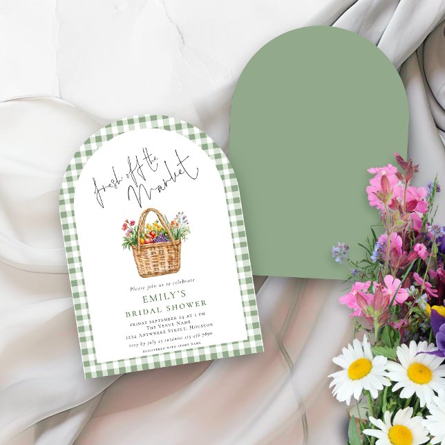 Gingham Fresh off Market Script Bridal Shower Arch Invitation (Front and back view)