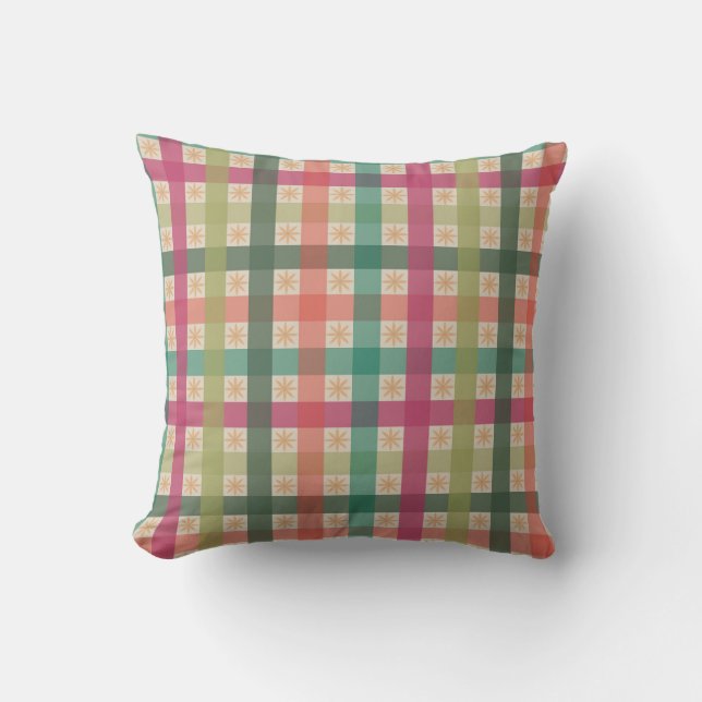 Gingham & Geometric Flowers Pattern Throw Pillow  (Front)