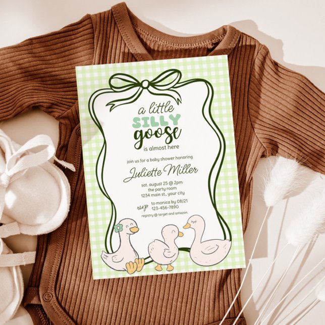 Gingham Goose Gender Neutral Baby Shower Invitation (Goose Gender Neutral Gingham Baby Shower Invite)