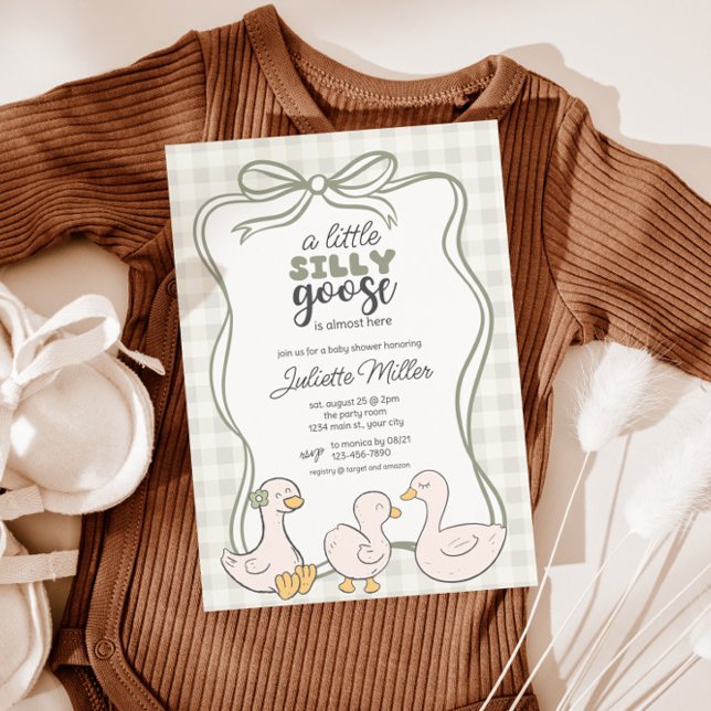 Gingham Goose Gender Neutral Baby Shower Invitation (Beige Gingham Silly Goose Baby Shower Invite)