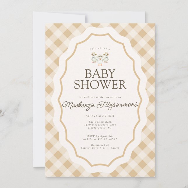 Gingham Goose Triplet Baby Shower Invitation (Front)