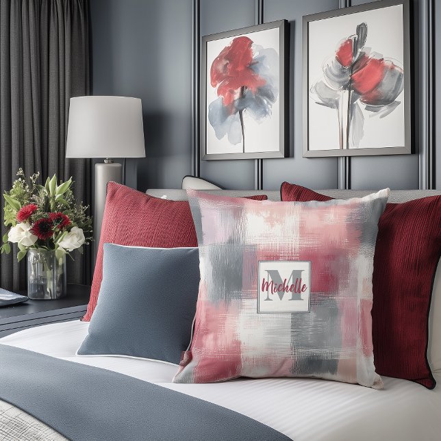 Gingham Grace Pink & Grey Monogram Accent Pillow (Creator Uploaded)