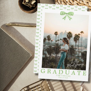 Gingham Green Bow Photo Graduation Announcement