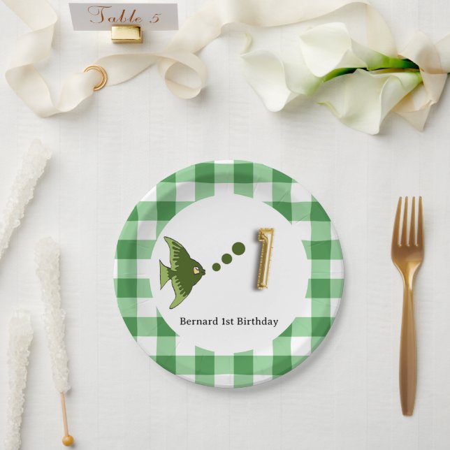 Gingham, Green Fish & Balloon 1st Birthday Paper Plate (Wedding)