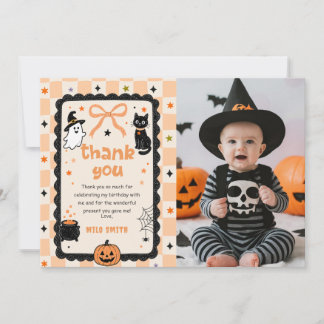 Gingham Halloween Birthday Photo Thank You Card