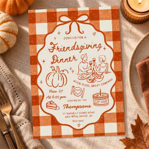 Gingham Hand Drawn Friensdgiving Dinner Party Invitation