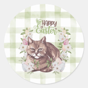 Gingham Happy Easter Cat Classic Round Sticker