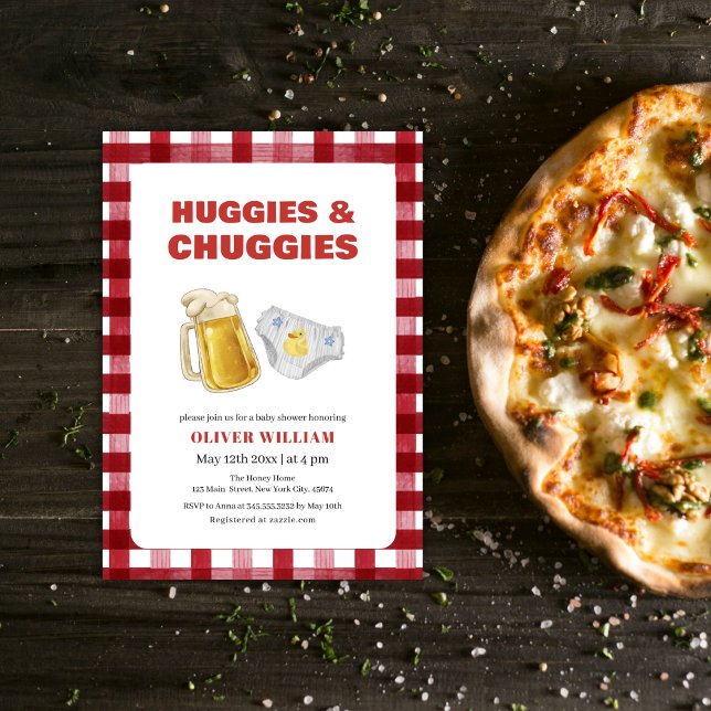 Gingham Huggies Chuggies Beer & Diaper Baby Shower Invitation (Gingham Huggies Chuggies Beer & Diaper Baby Shower Invitation)