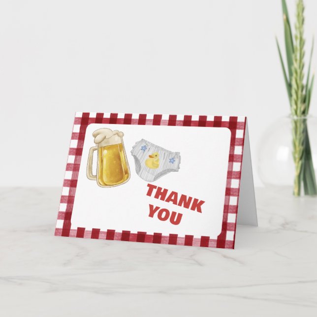 Gingham Huggies Chuggies Beer Diaper Baby Shower  Thank You Card (Front)