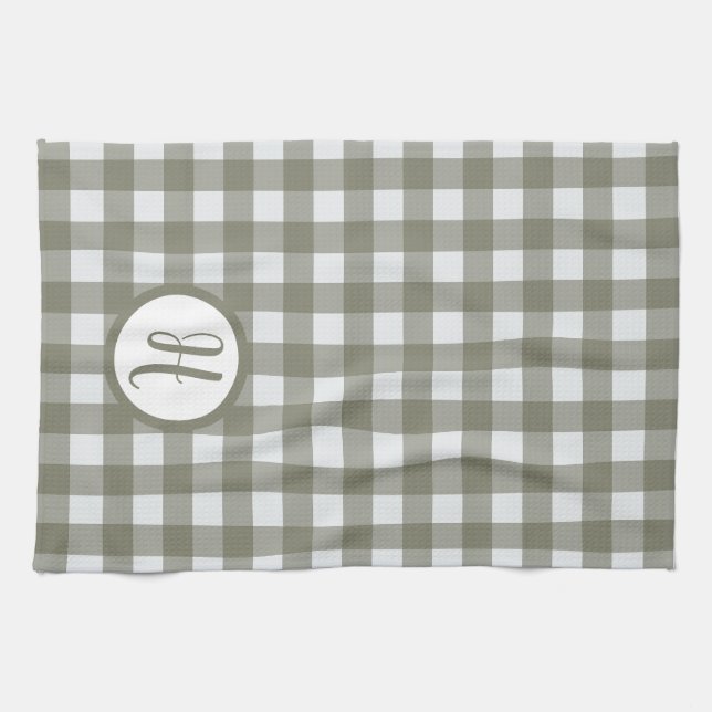 Gingham Initial Monogram Sage Green Checks Tea Towel (Horizontal)