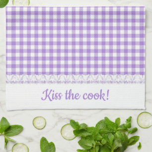 Gingham Lace and Name in Lavender purple Tea Towel