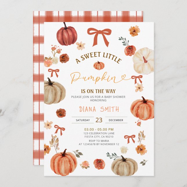 Gingham Little Pumpkin Rustic Baby Shower Invite (Front/Back)