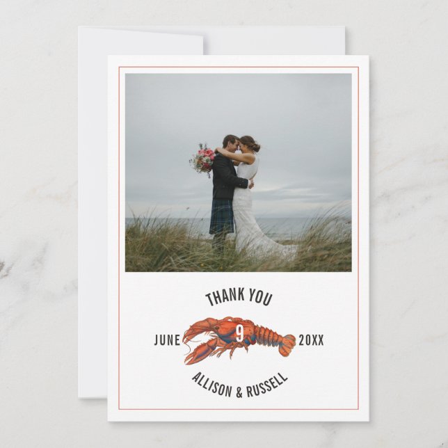 Gingham Lobster Rustic Coastal Wedding Thank You Card (Front)
