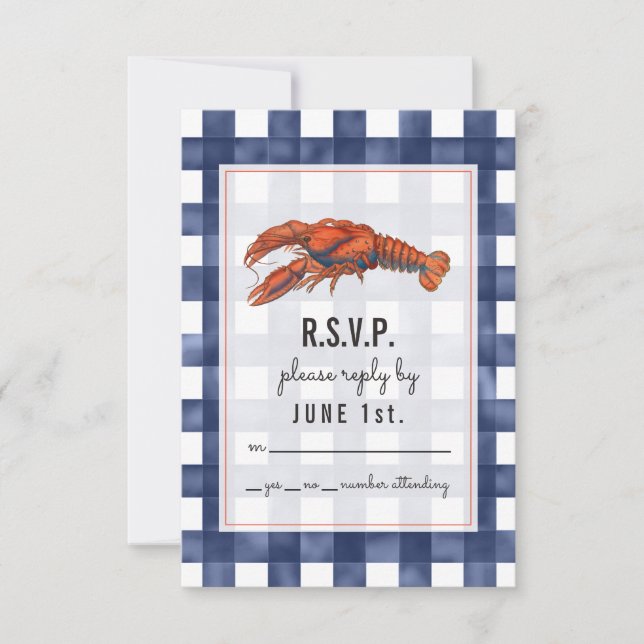 Gingham Lobster Rustic Wedding RSVP Card (Front)