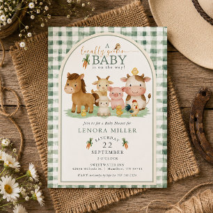 Gingham Locally Grown Baby Farm Animal Baby Shower Invitation