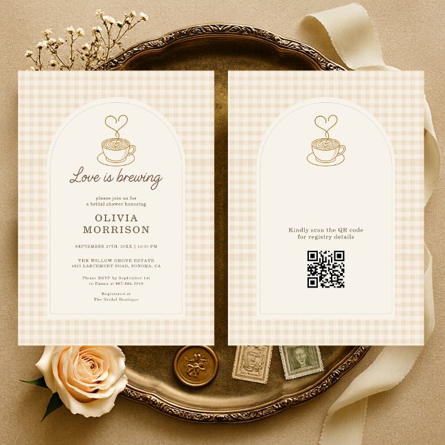 Gingham Love is Brewing QR Code Bridal Shower Invitation (Creator Uploaded)