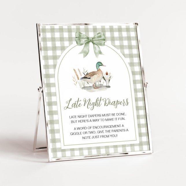 Gingham Mallard Duck Baby Late Night Diapers Sign (Sage Green Gingham Mallard Duck Hunting Country Baby Shower Sign)