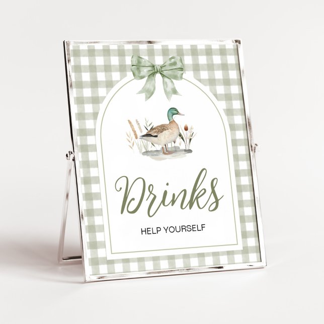 Gingham Mallard Duck Baby Shower Drinks Sign (Sage Green Gingham Mallard Duck Hunting Country Baby Shower Sign)