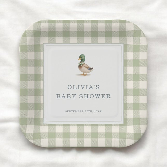 Gingham Mallard Duck Baby Shower Party Paper Plate (Creator Uploaded)