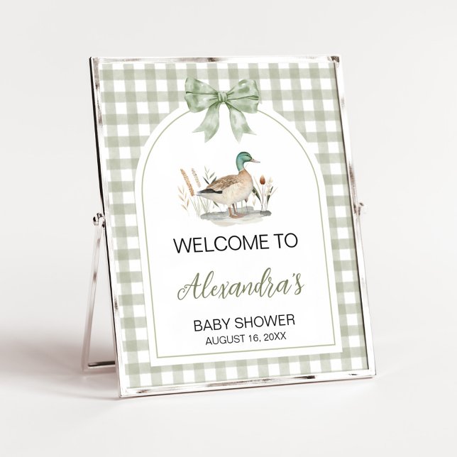 Gingham Mallard Duck Baby Shower Welcome Sign (Sage Green Gingham Mallard Duck Hunting Country Baby Shower Sign)