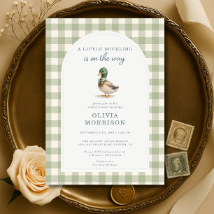 Gingham Mallard Duck Bow Sage Green Baby Shower Invitation