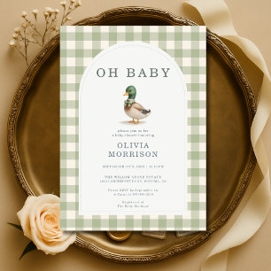 Gingham Mallard Duck Sage Green Baby Shower Invitation