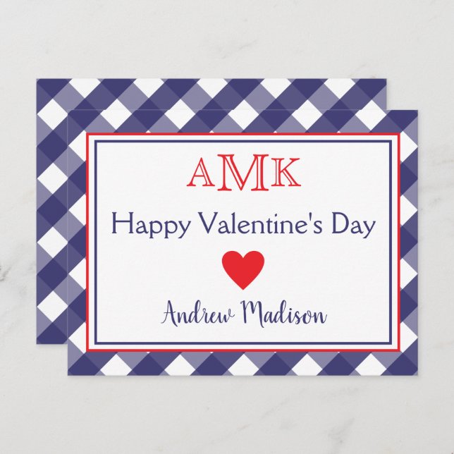 Gingham Monogram Valentine's Classroom Cards (Front/Back)