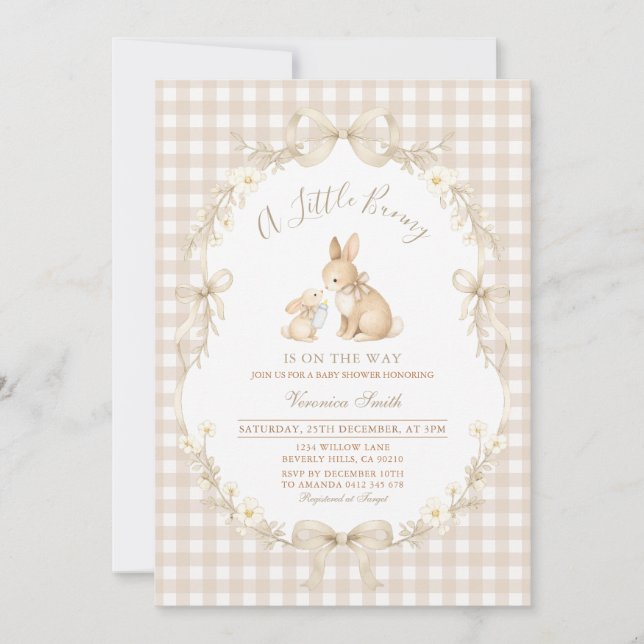 Gingham Neutral Bunny Baby Shower Invitation (Front)