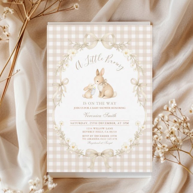 Gingham Neutral Bunny Baby Shower Invitation (Creator Uploaded)