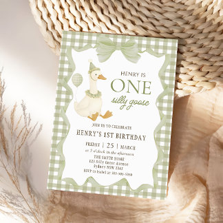 Gingham One Silly Goose 1st Birthday Invitation