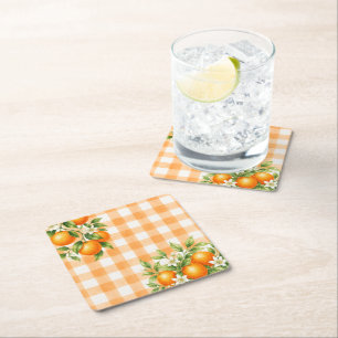 Gingham Orange A Little Cutie Citrus Baby Shower Square Paper Coaster