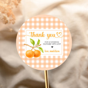 Gingham Orange Baby Shower Classic Round Sticker