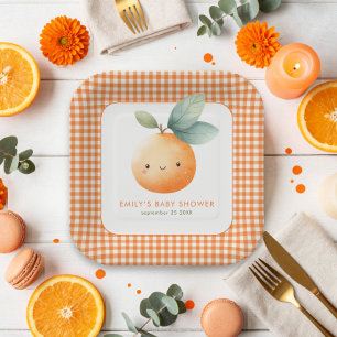 Gingham Orange Girl Little Cutie Baby Shower  Paper Plate